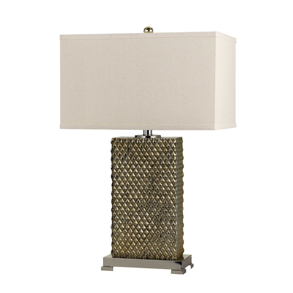 3 Way Table Lamp with Studded Diamond Pattern Ceramic Base, Cream and Gold - BM224815