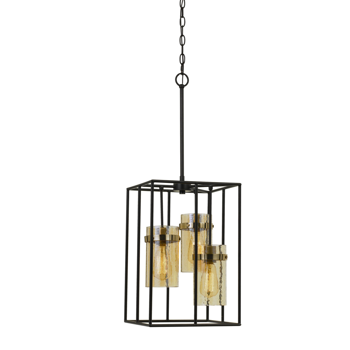 Rectangular Open Cage Design Pendant with Cylindrical Glass Shade, Black - BM224818