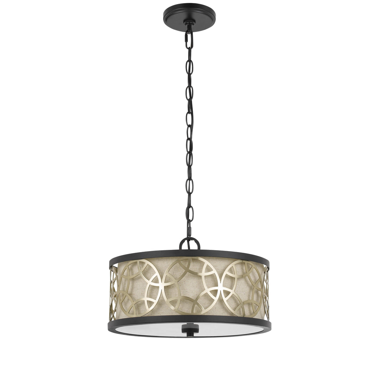 Cylindrical Drum Pendant Chandelier with Lattice Design, Black and Brass - BM224827