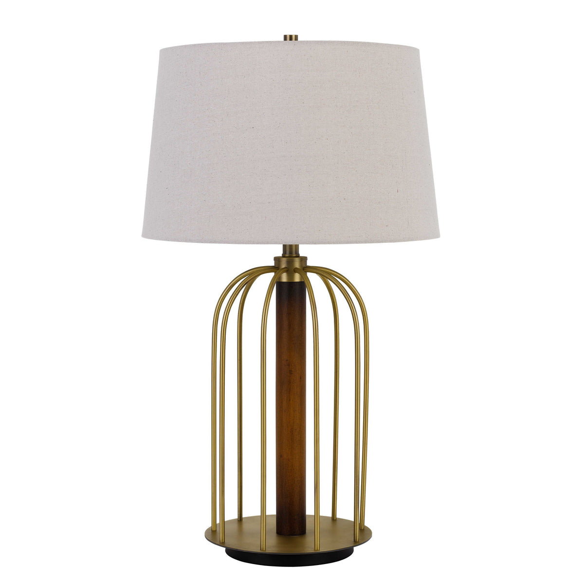 Metal Table Lamp with Cage Design Support with Round Base, White and Brass - BM224830