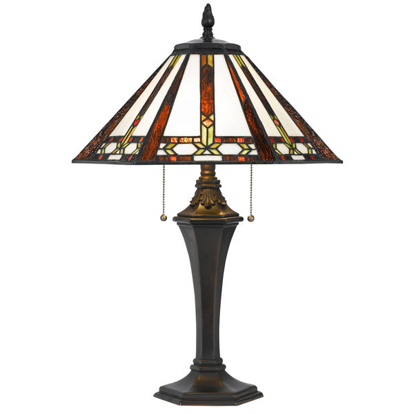 Tiffany Table Lamp with 2 Pull Switches and Resin Pedestal Body, Bronze - BM224869