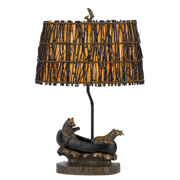 150W 3 Way Bear Canoe Table Lamp with Oval Wicker Shade, Antique Bronze - BM224872
