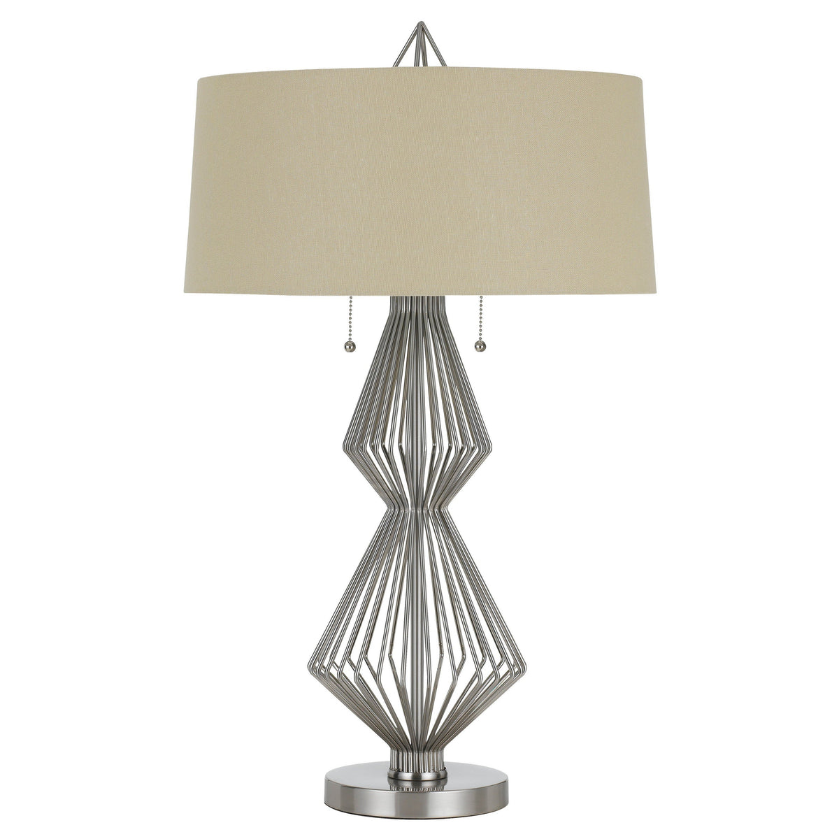 Geometric Body Metal Table Lamp with Fabric Drum Shade, Silver and Beige - BM224921