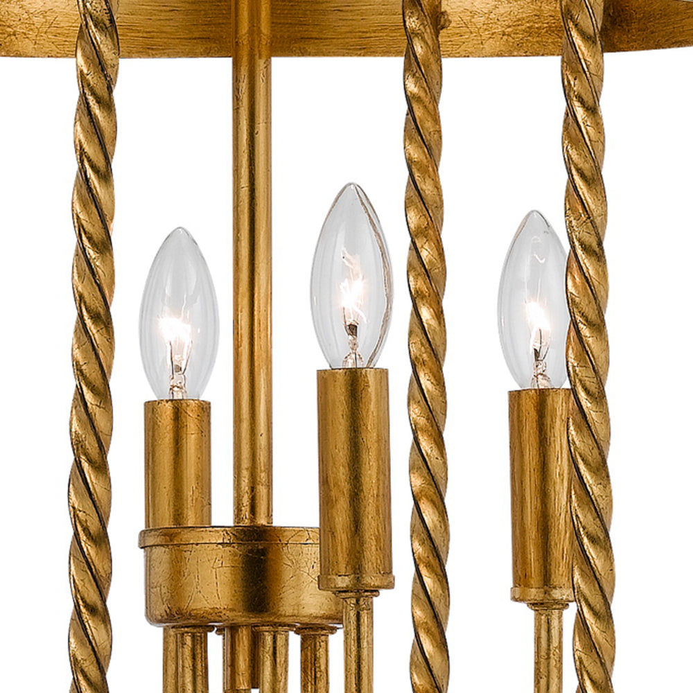 25 Inch Metal Chandelier Pendant, Bird Cage Design, Woven Rope, Gold - BM224983