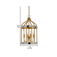 25 Inch Metal Chandelier Pendant, Bird Cage Design, Woven Rope, Gold - BM224983