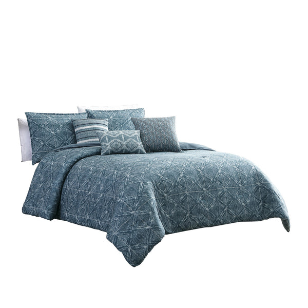 7 Piece King Size Cotton Comforter Set with Geometric Print, Blue - BM225143