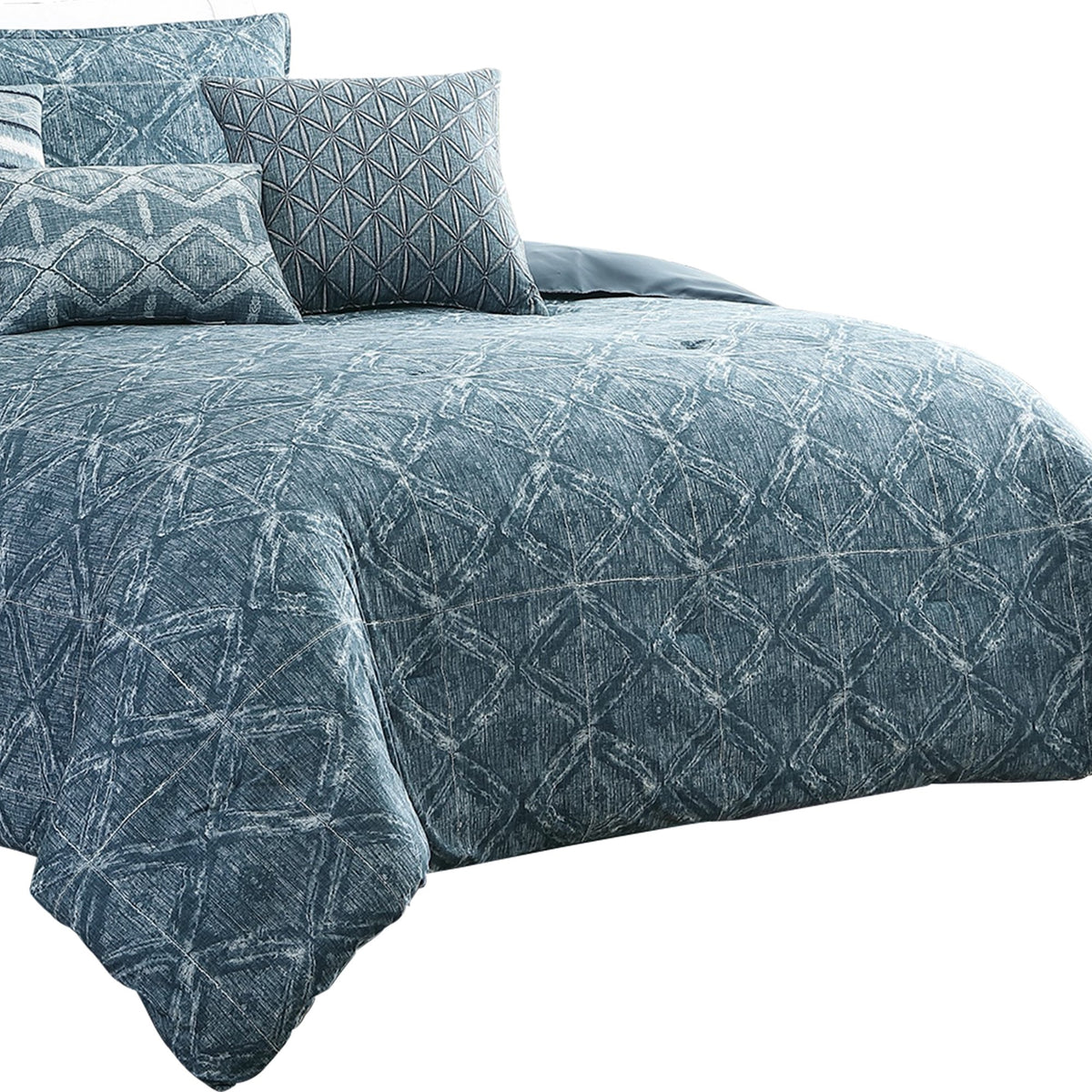 7 Piece King Size Cotton Comforter Set with Geometric Print, Blue - BM225143