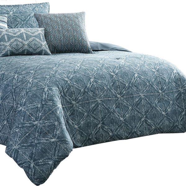 7 Piece Queen Size Cotton Comforter Set with Geometric Print, Blue - BM225144