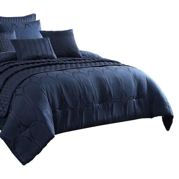 10 Piece King Polyester Comforter Set with Geometric Oblong Print, Dark Blue - BM225145