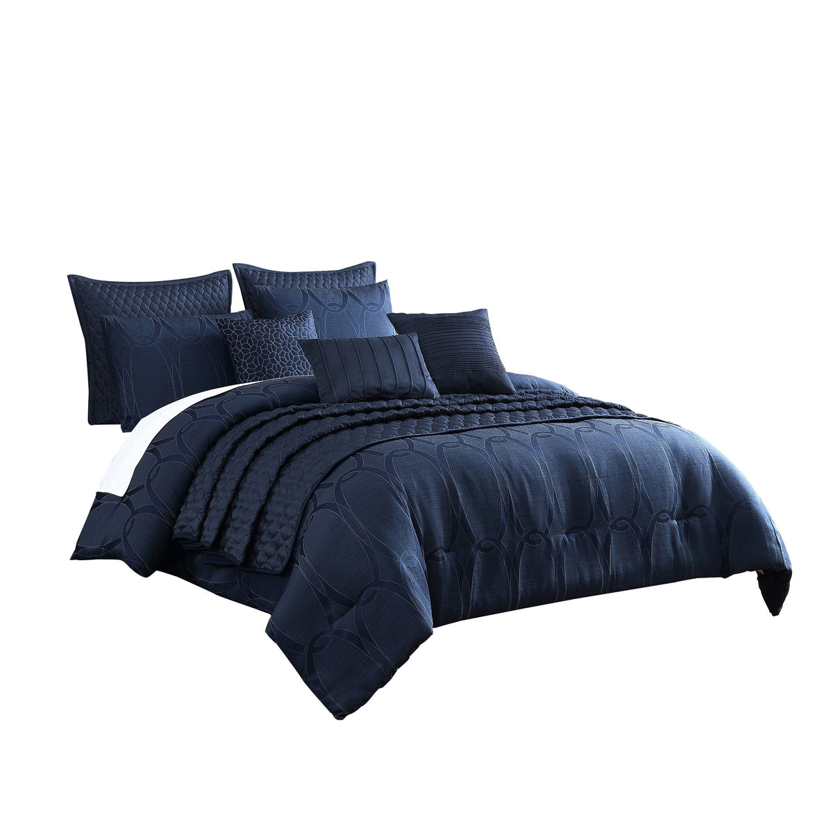 10 Piece Queen Polyester Comforter Set with Geometric Print, Dark Blue - BM225146