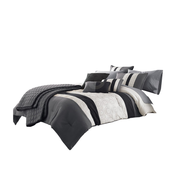 7 Piece Queen Cotton Comforter Set with Geometric Print, Gray and Black - BM225150