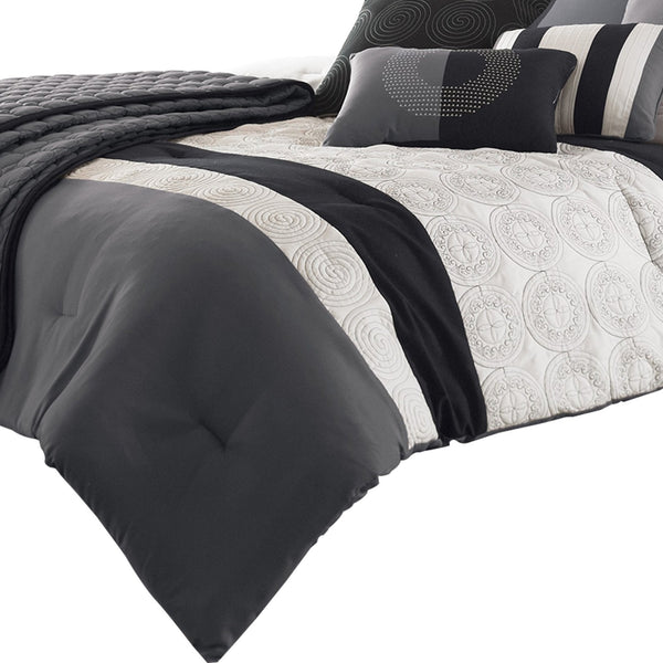 7 Piece Queen Cotton Comforter Set with Geometric Print, Gray and Black - BM225150