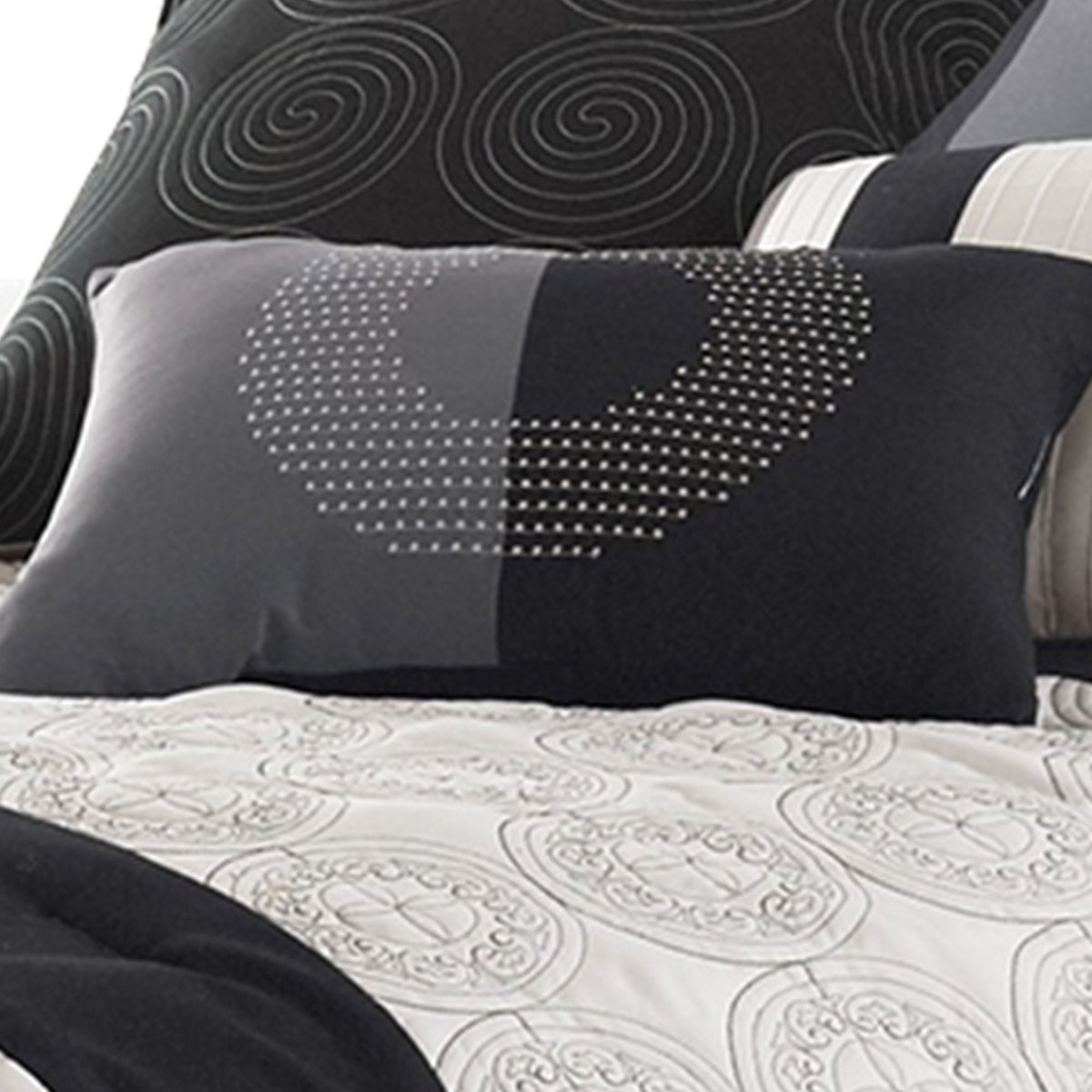 7 Piece Queen Cotton Comforter Set with Geometric Print, Gray and Black - BM225150