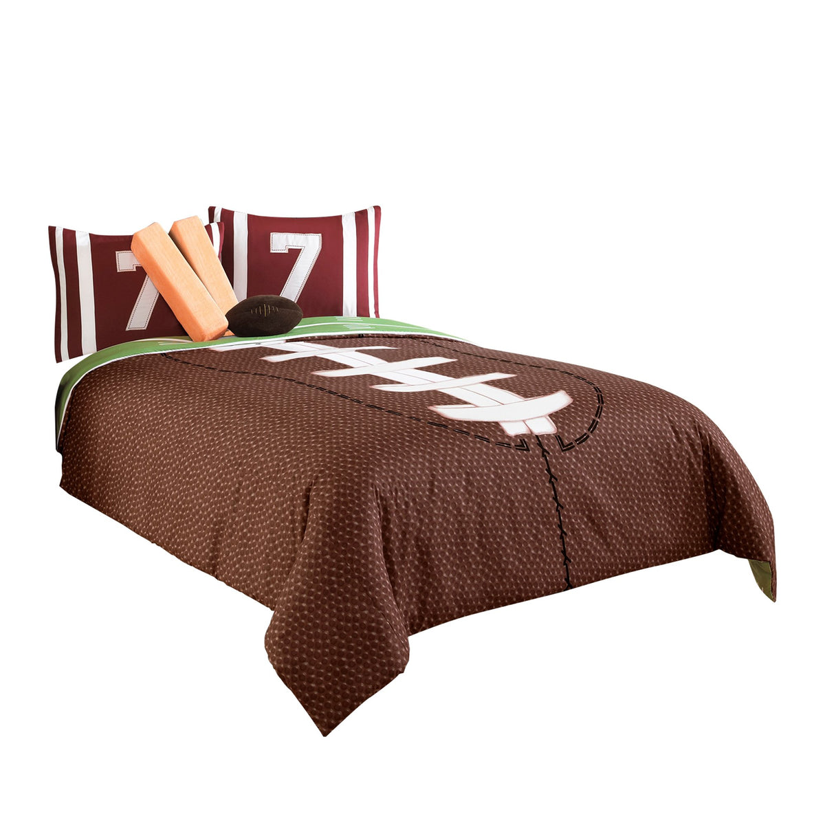 5 Piece Twin Comforter Set with Football Field Print, Brown and Green - BM225153