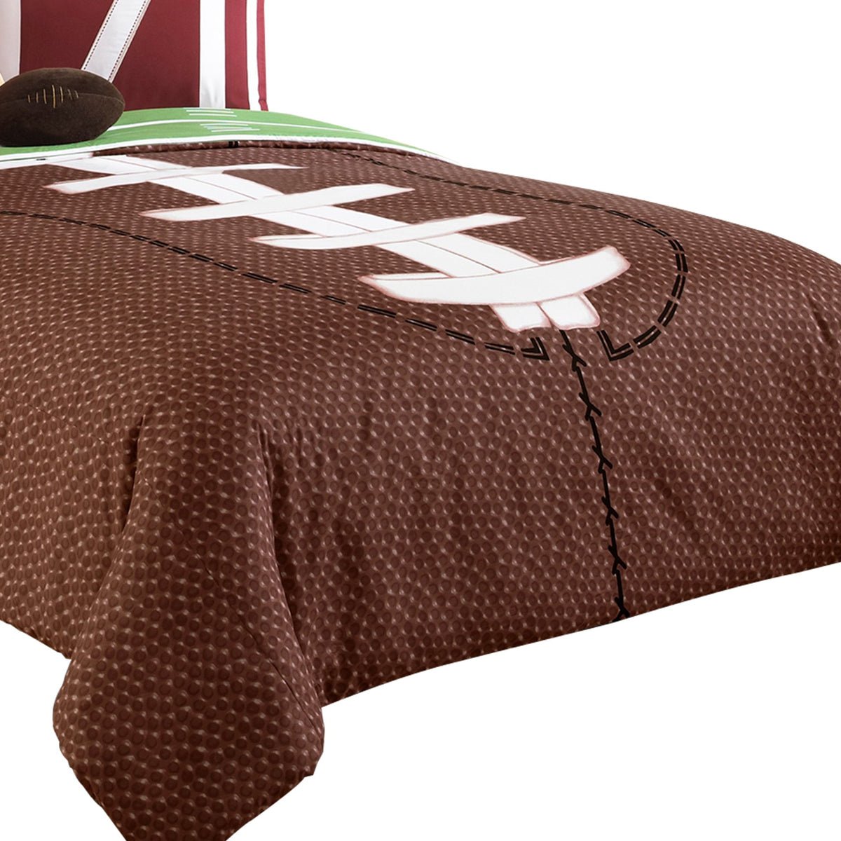 5 Piece Twin Comforter Set with Football Field Print, Brown and Green - BM225153
