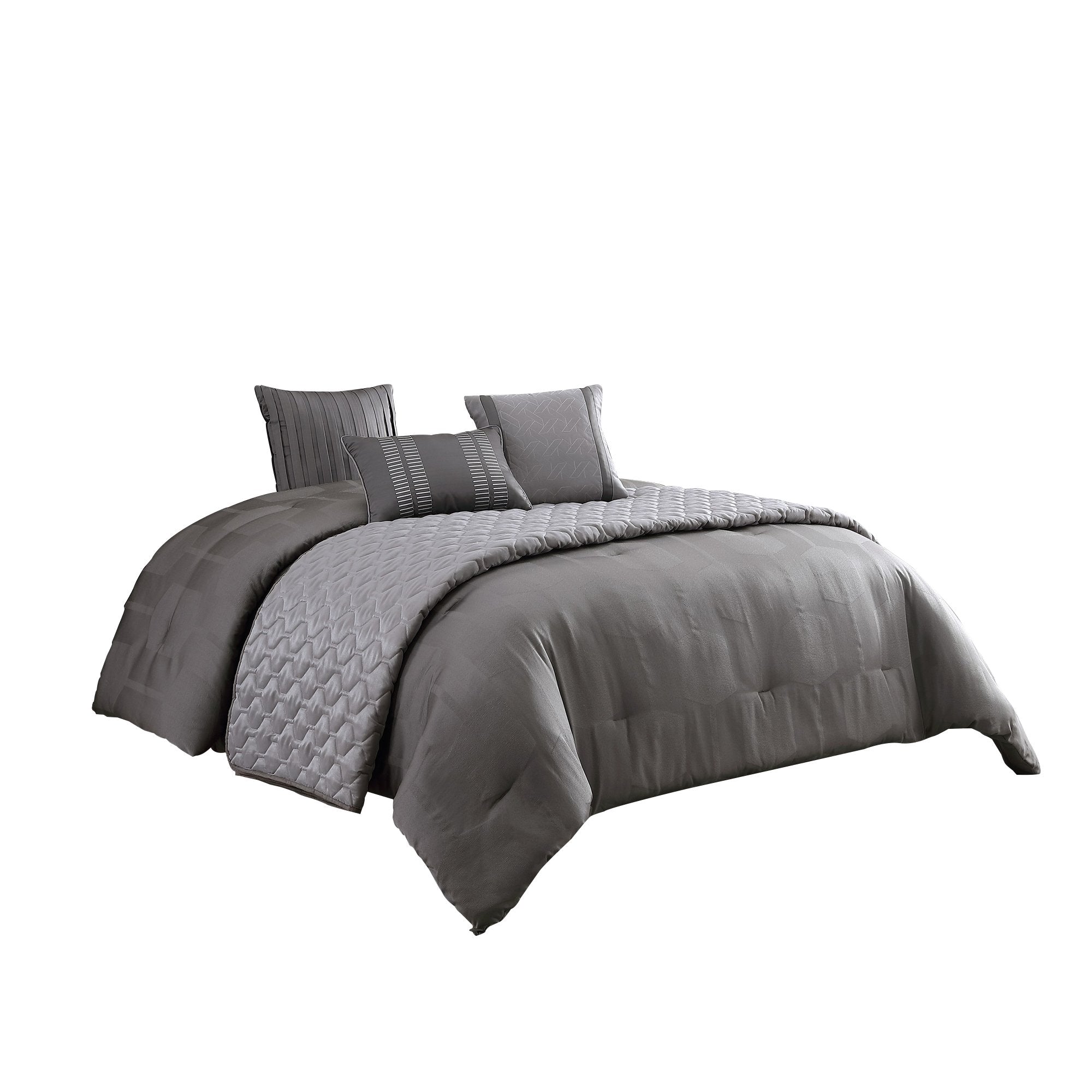10 Piece Queen Polyester Comforter Set with Geometric Print, Gray - BM225160