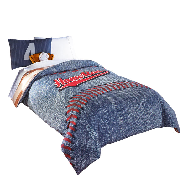 5 Piece Polyester Twin Comforter Set with Baseball Inspired Print, Blue - BM225161
