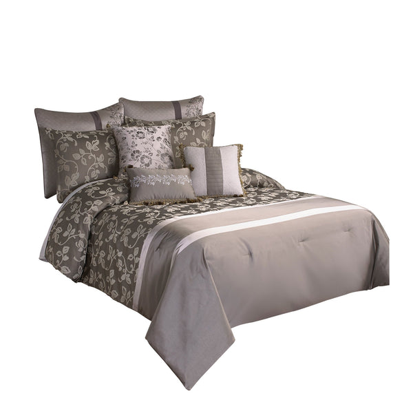 10 Piece King Polyester Comforter Set with Leaf Print, Platinum Gray - BM225167
