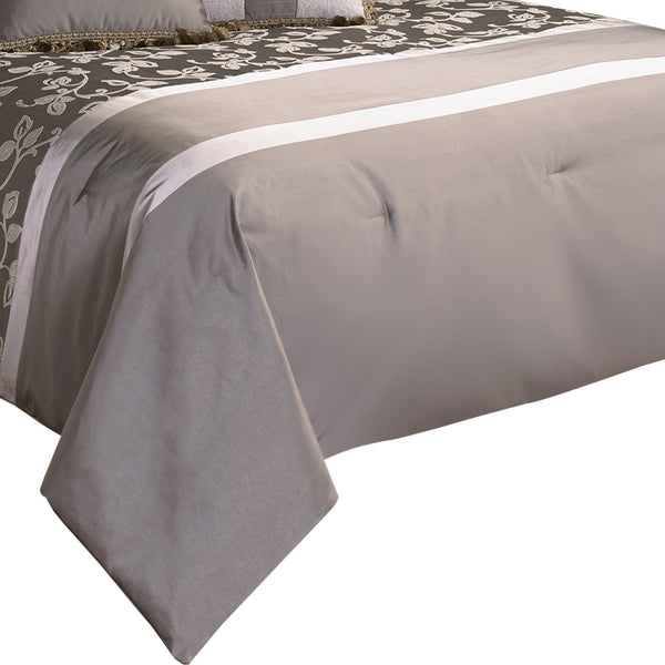 10 Piece King Polyester Comforter Set with Leaf Print, Platinum Gray - BM225167
