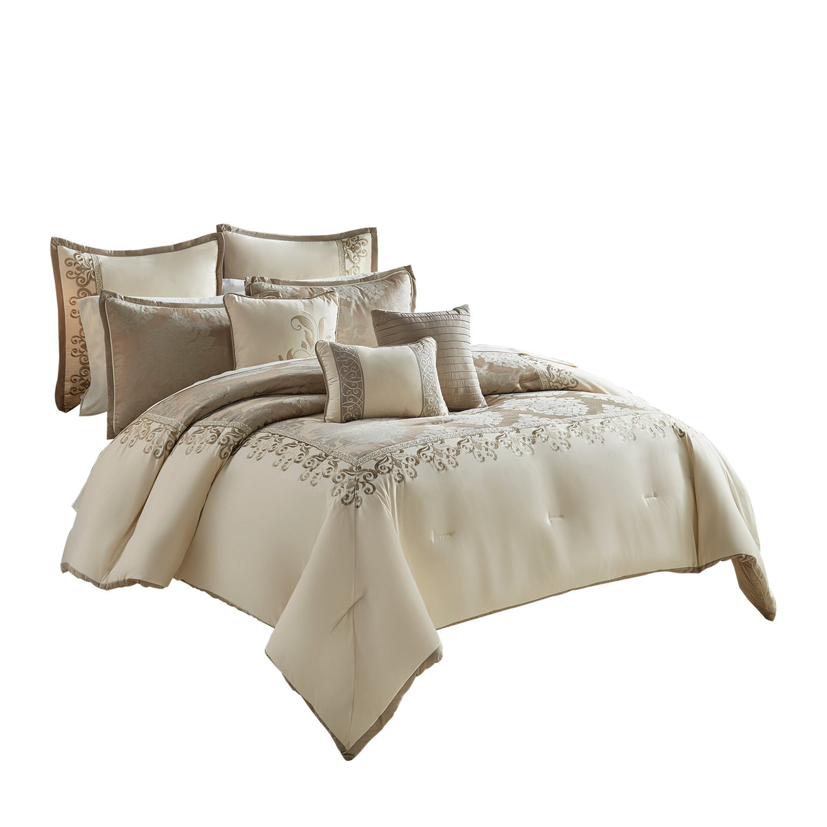 10 Piece King Polyester Comforter Set with Damask Print, Cream and Gold - BM225169