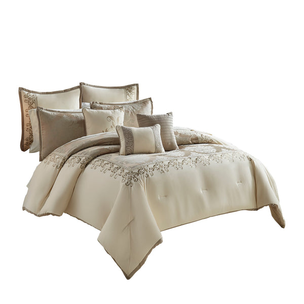 9 Piece Queen Polyester Comforter Set with Damask Print, Cream and Gold - BM225170