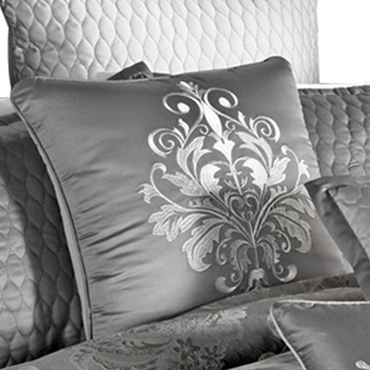 12 Piece King Polyester Comforter Set with Medallion Print, Platinum Gray - BM225173