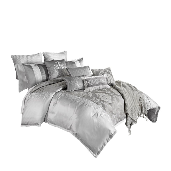 12 Piece Queen Polyester Comforter Set with Medallion Print, Platinum Gray - BM225174
