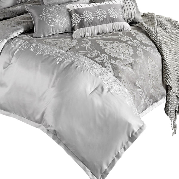 12 Piece Queen Polyester Comforter Set with Medallion Print, Platinum Gray - BM225174