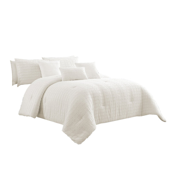 7 Piece Cotton King Comforter Set with Fringe Details, White - BM225177