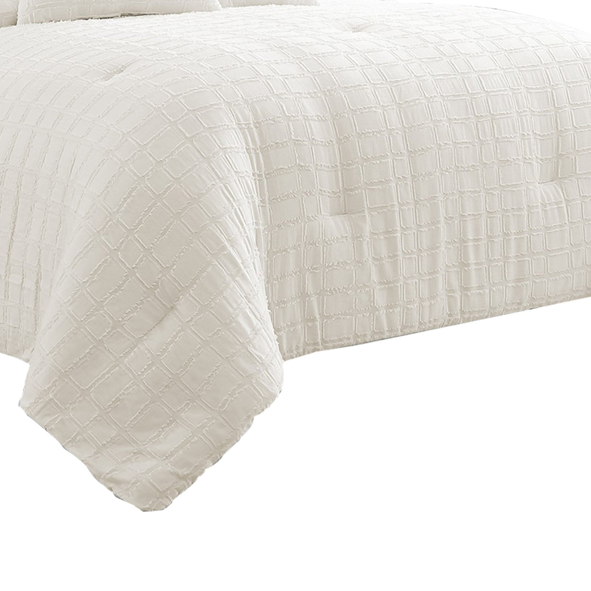 7 Piece Cotton King Comforter Set with Fringe Details, White - BM225177