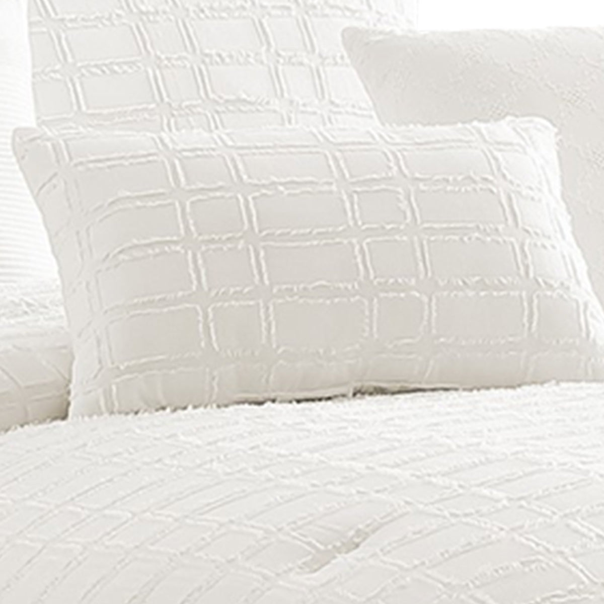 7 Piece Cotton King Comforter Set with Fringe Details, White - BM225177