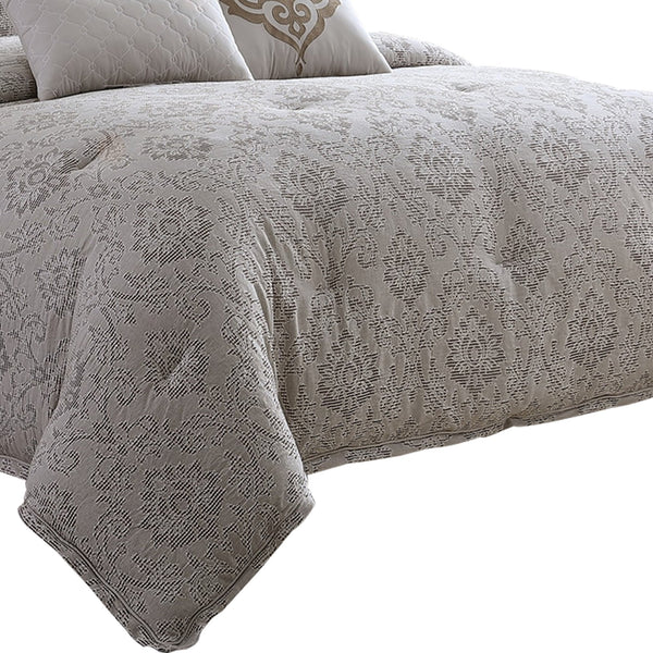 9 Piece Queen Cotton Comforter Set with Textured Floral Print, Gray - BM225180