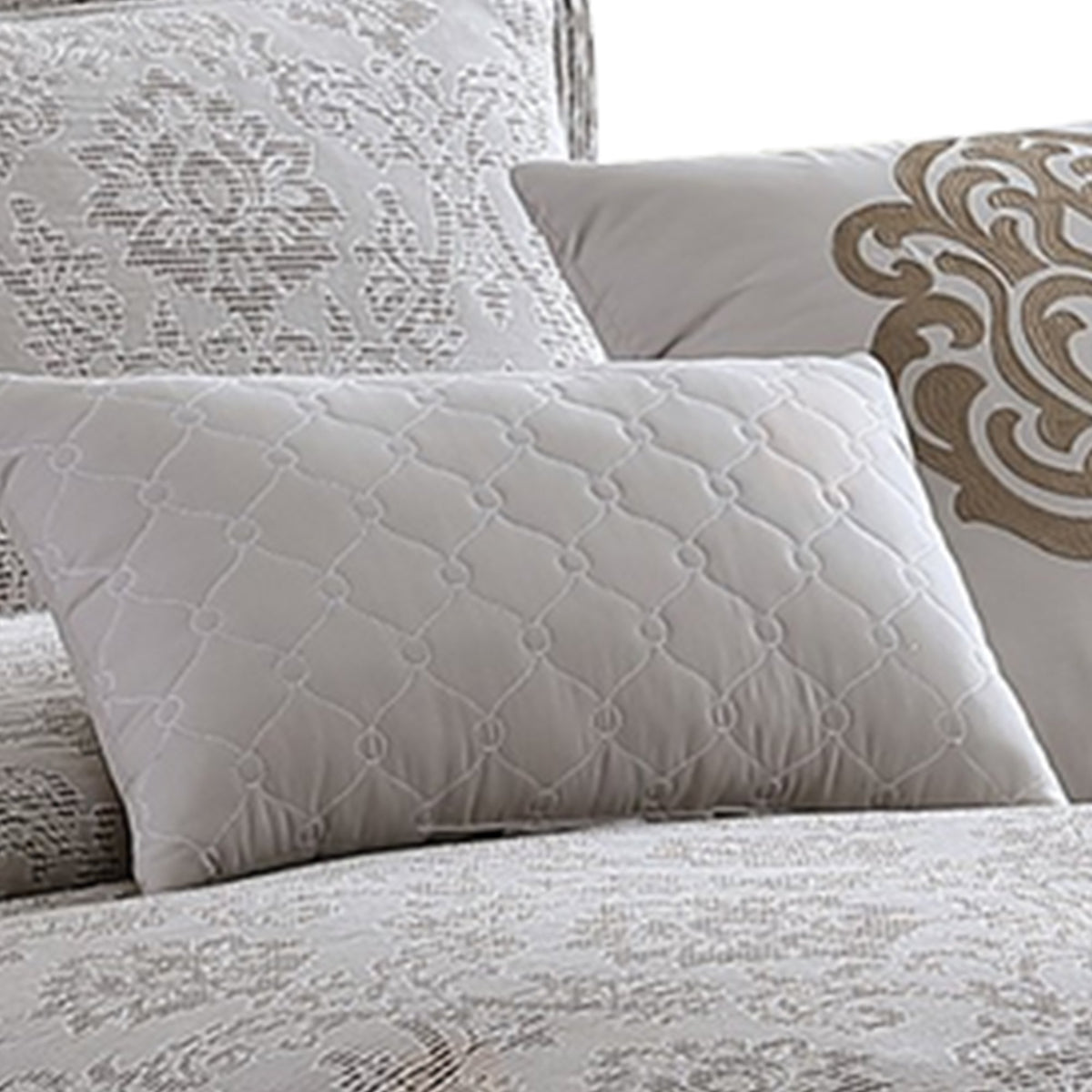 9 Piece Queen Cotton Comforter Set with Textured Floral Print, Gray - BM225180