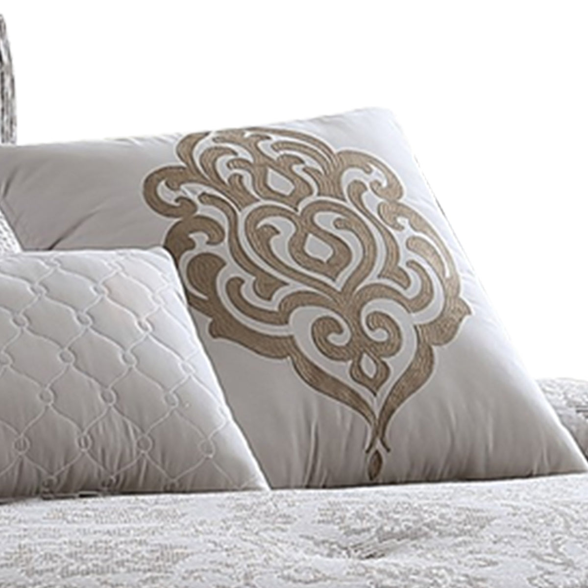 9 Piece Queen Cotton Comforter Set with Textured Floral Print, Gray - BM225180