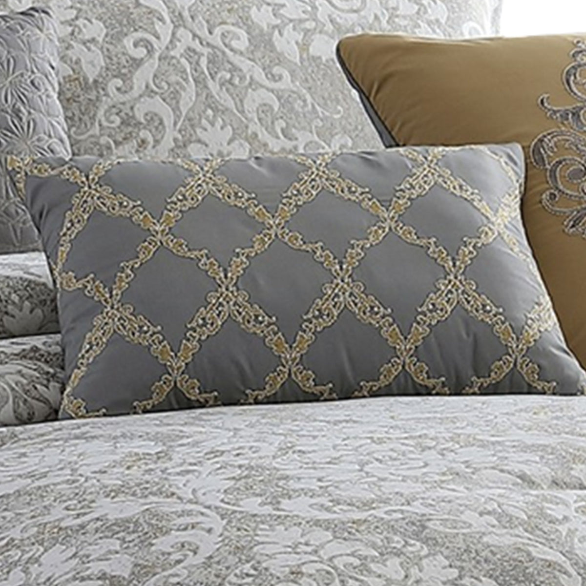 9 Piece King Polyester Comforter Set with Medallion Print, Gray and Gold - BM225181
