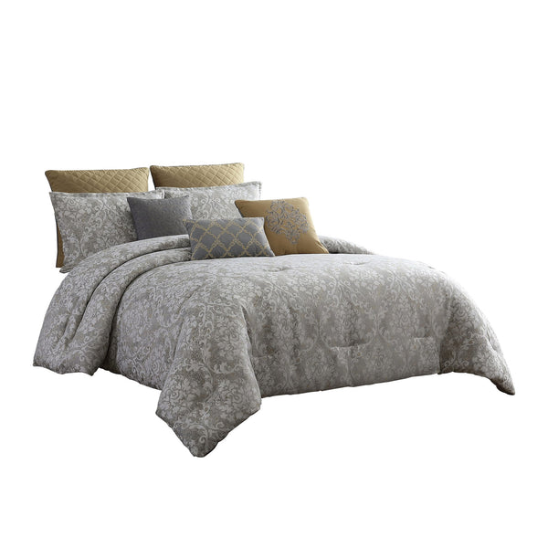 8 Piece Queen Polyester Comforter Set with Medallion Print, Gray and Gold - BM225182