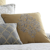 8 Piece Queen Polyester Comforter Set with Medallion Print, Gray and Gold - BM225182