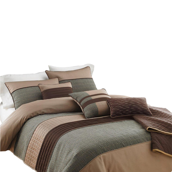 7 Piece King Polyester Comforter Set with Pleats and Texture, Gray and Brown - BM225183