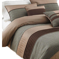 7 Piece King Polyester Comforter Set with Pleats and Texture, Gray and Brown - BM225183