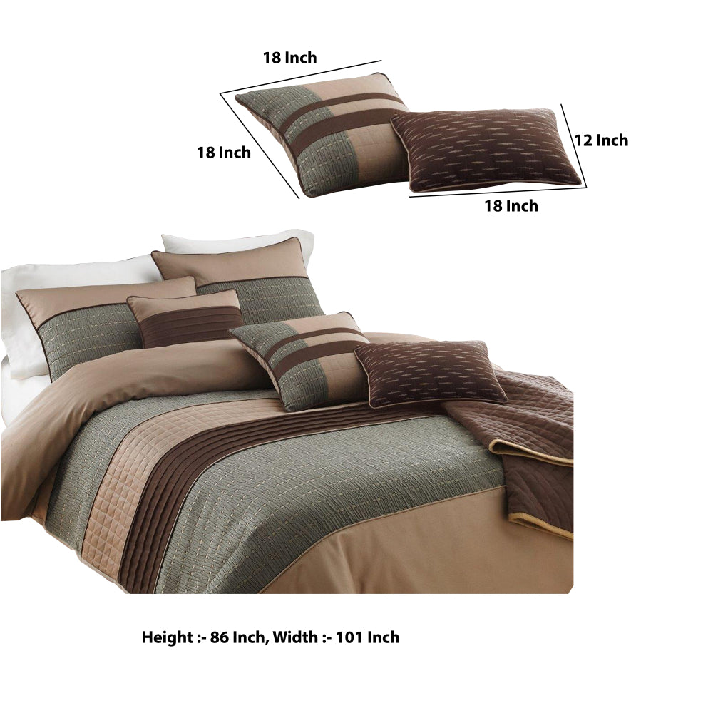 7 Piece King Polyester Comforter Set with Pleats and Texture, Gray and Brown - BM225183