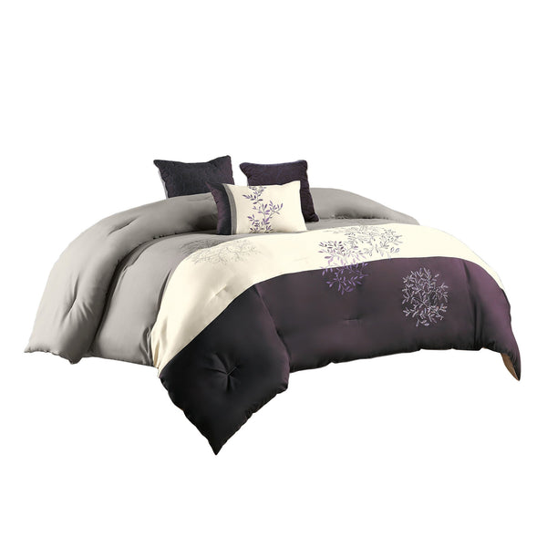 7 Piece King Polyester Comforter Set with Leaf Embroidery, Gray and Purple - BM225189