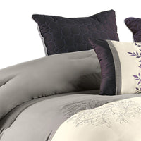 7 Piece Queen Polyester Comforter Set with Leaf Embroidery, Gray and Purple - BM225190