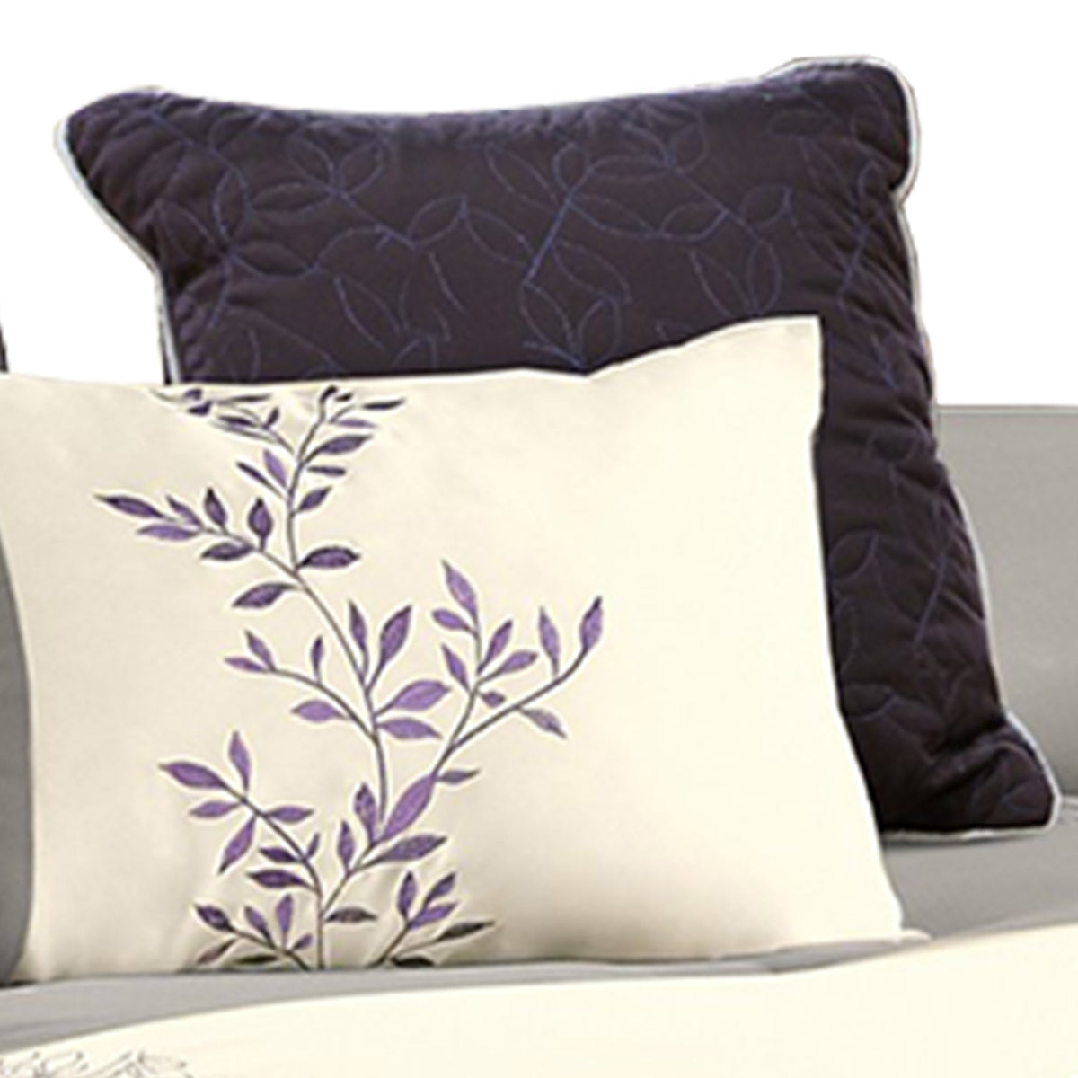 7 Piece Queen Polyester Comforter Set with Leaf Embroidery, Gray and Purple - BM225190