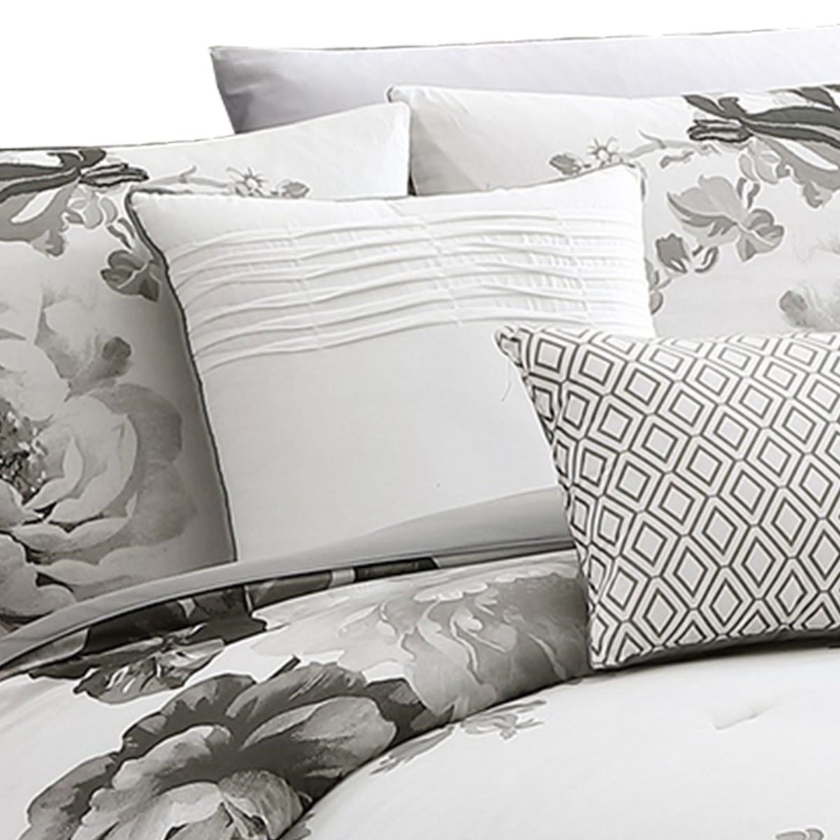 7 Piece Cotton King Comforter Set with Floral Print, Gray and White - BM225191