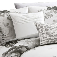 7 Piece Cotton King Comforter Set with Floral Print, Gray and White - BM225191