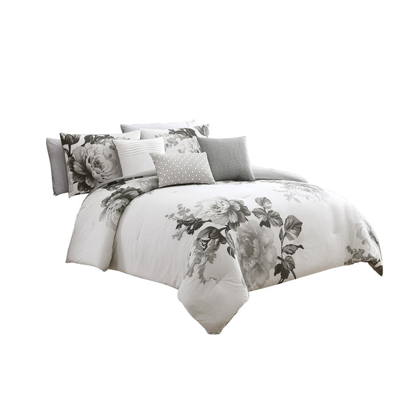 7 Piece Cotton Queen Comforter Set with Floral Print, Gray and White - BM225192