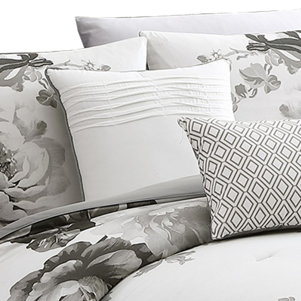 7 Piece Cotton Queen Comforter Set with Floral Print, Gray and White - BM225192