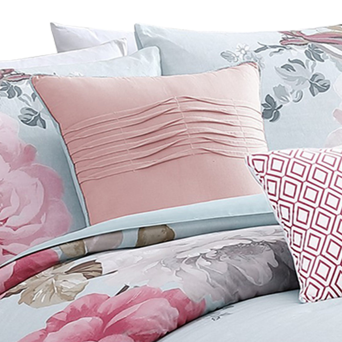 Queen Size 7 Piece Fabric Comforter Set with Floral Prints, Multicolor - BM225194