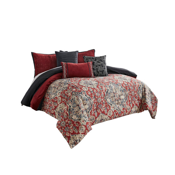9 Piece Queen Size Comforter Set with Medallion Print, Red and Blue - BM225196