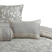 King Size 7 Piece Fabric Comforter Set with Leaf Prints, Gray - BM225197